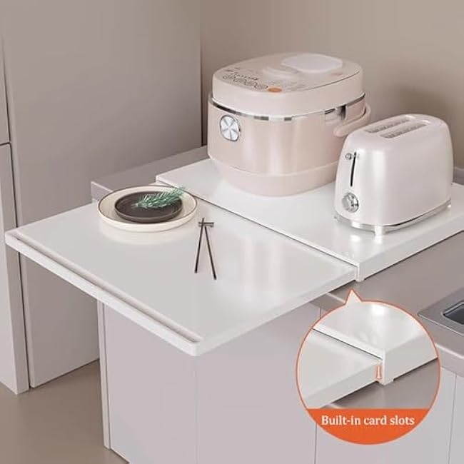 Microwave Pull-Out Cabinet Organizer Shelf, Kitchen Carbon Steel Microwave Oven Rack with Pull-Out Tray for Various Kitchen Appliances Storage, 18.3 x 14.2 x 1.6 (White)