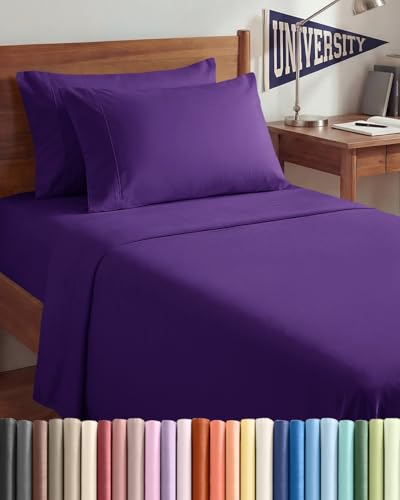 Image of Twin XL 4 Piece Sheet Set - College Dorm Room Essentials - Purple | Ultra Soft Dorm Bedding Set, 8 inch to 16 inch Inch Deep Pockets, 1 Flat & 1 Fitted Sheet & 2 Pillowcases, Wrinkle & Fade Free