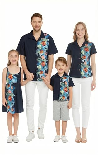 Image of Matchable Family Hawaiian Luau Men Women Girl Boy Clothes in Orchid Paradise Navy