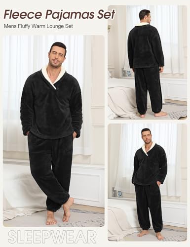 Mens Pajamas Set Long Sleeve Soft Fleece Fluffy Sleepwear Winter Warm Pjs Lounge Sets Flannel Sleepwear with Pockets2