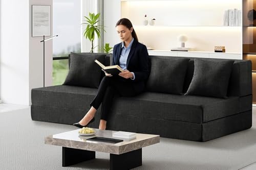 Image of Los Angeles Foldable Four Seater Sofa Cum Bed, Sofa Bed 6 X 6 Feet, Jute Fabric- Washable Cover- Including 4 Cushion Perfect for Home & Office- Black