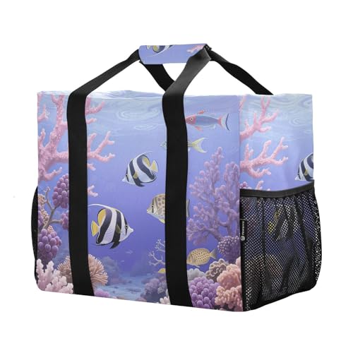 Purple Coral and Fish Patterns Beach Tote Pool Bags for Women Ladies Large Waterproof Gym Tote Carry On Bag for Weekender Swim Gym Shopping Travel Daily Bag2