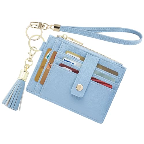 New Fashion Kingdom Keychain Wallet,Wristlet With Wallet Slim RFID Credit Card Holder Wristlet Zip Id Case Small Compact Leather Wallets for Men Women (Sky Blue)