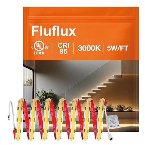 FluFlux COB LED Strip Lights 3000K Warm White, 24Volt Diffused LED Tape Light with Heavy Duty 3M VHB Adhesive, CRI 95, UL Listed, Dimmable, 5W/FT for Kitchen, Cabinet (NO Power Supply)