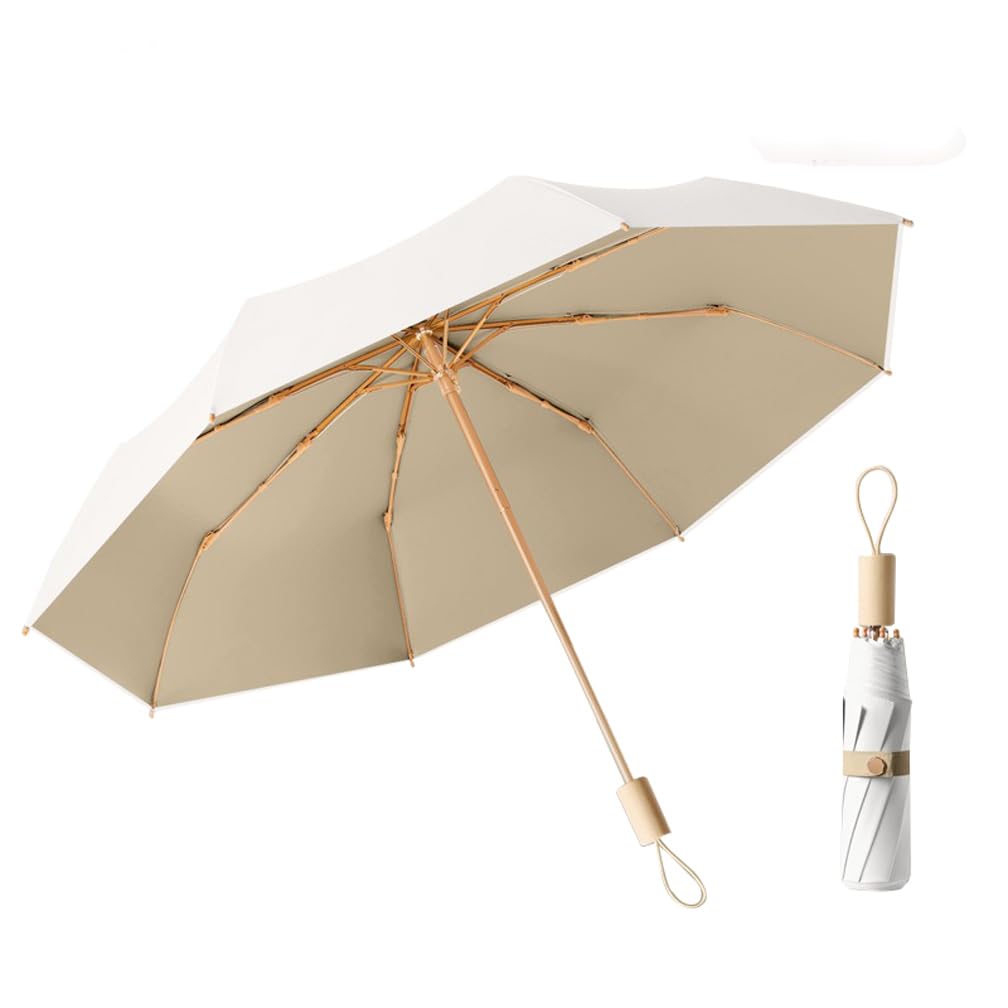 Lcy White&Khaki Folding Umbrella Anti-Uv Parasol With Wooden Handle Sunproof Rainproof & Windproof Umbrella