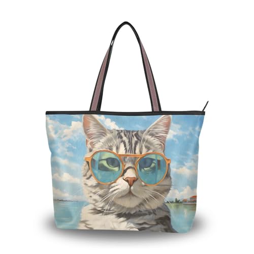 Women's Tote Bag Cat Wear Glasses Print, Reusable Grocery Handbag Bags with Zipper Large