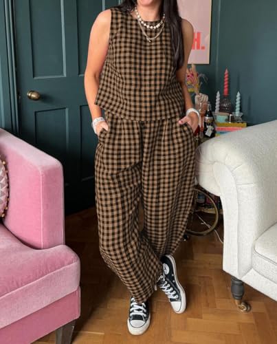 Women's Summer 2 Piece Outfits Plaid Crop Tank Top High Waisted Baggy Ankle Barrel Pants Gingham Lounge Set2