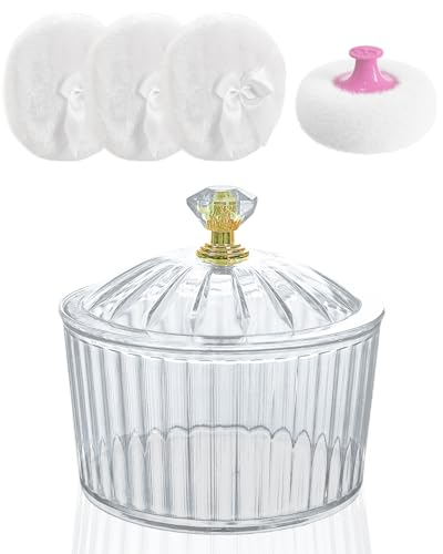 5Pcs Dusting Powder Container with Puff Set - 4 Pcs 3.15 inche Large Fluffy Puff, Leak-Proof Acrylic Case & Ergonomic Handle for Baby Care & Makeup (Body/Face Powder Applicator)