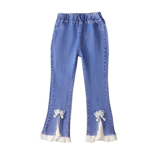 Girls Cute Bow Lace Trim Jeans Flare Denim Pants
