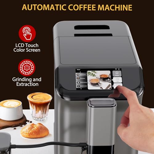 Image of Garvee Fully Automatic Espresso Machine with Built-In Grinder and Milk Frother, 4-Beverage Cappuccino and Latte Maker with Intuitive Touch Display, Gunmetal Finish