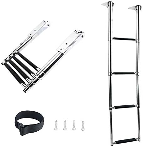 DasMarine 4 Step Boat Ladder 316 Stainless Steel Telescoping Ladder, 900 Pound Capacity for Marine Yacht/Swimming Pool with Retaining Strap (4 Step Ladder)
