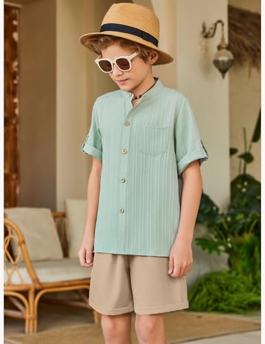 Image of Arshiner Boy's 2 Piece Beach Outfit Short Sleeve Textured Button Down Shirt and Short Sets Summer Vacation Wear 4-12 Years