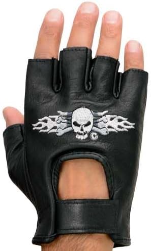 Miniatura 6 de Milwaukee Leather SH353 - Guantes de mano para motocicleta sin dedos acolchados de gel de cuero negro con calavera y huesos bordados