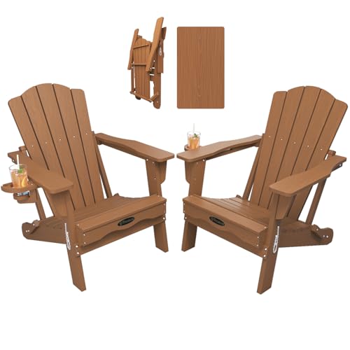 THOEOE Folding Adirondack Chair Set of 2,HDPE All-Weather Outdoor Chair with Cup Holder,Wooden Textured,Fire Pit Chair,Plastic Patio Chair for Deck,Backyard,Garden,Lawn(Wood)