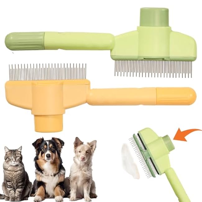 Cat Deshedding Comb, 2 Pcs Pet Hair Removal Tools for Cat/Dog with Two Layered Teeth, Portable Shedding & Grooming Supplies with Release Button for Long/Short Hair Indoor Cats, Kitten Brush-KvW80snn
