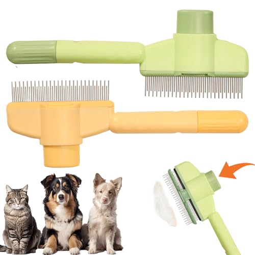 Image of Cat Deshedding Comb, 2 Pcs Pet Hair Removal Tools for Cat /Dog with Two Layered Teeth, Portable Shedding & Grooming Supplies with Release Button for Long /Short Hair Indoor Cats, Kitten Brush