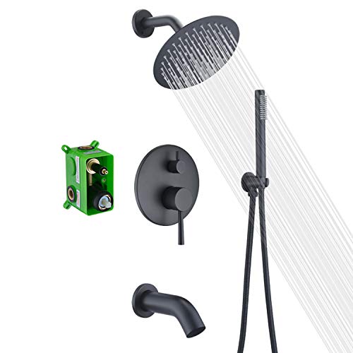 Image of Matte Black Rain Shower Systems with Waterfall Tub Spout, Shower Faucets Sets Complete with 8 Inches Rain Shower Head and Handheld