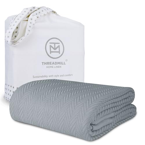 Threadmill Luxury Cotton Blankets for Queen Size Bed | All-Season 100% Cotton Queen Size Blanket | Herringbone Cozy, Soft Breathable Fall Thermal Blanket fits Full Size Bed | Scottish Grey