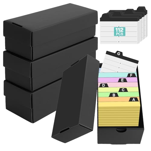 4 Pcs Boîtes À Fiches A8 avec 112 Intercalaires, pour 52×74mm Fiche Bristol, Boîte D'index Noir pour Flash Cards, Notes D’apprentissage, Recettes, Organisation et Révision À La Maison École Bureau