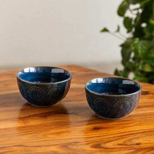 Image of ExclusiveLane 'Mandala Duo' Hand Glazed Ceramic Bowls for Serving Bowl Set (Set of 2, 440 ml, Microwave Safe, Dishwasher Safe, Blue) | Kitchen Bowl Ceramic Serving Bowls for Snacks Serveware