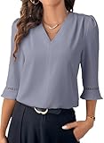 EVALESS Business Casual Tops for Women Dressy 3/4 Sleeve Pleated V Neck Fall Blouses Work Office Chiffon Shirts Beau Blue M