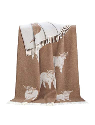 JJ Textile Highland Cow Brown Throw 100% Wool - Soft & Cosy With a Reversible Design - Quality Wool Throw for Bed, Sofa & Home Decor - Large Blanket 190cm x 130cm.