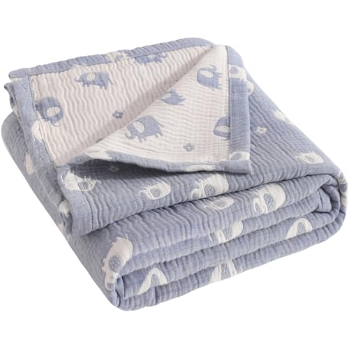 Image of NTBAY 3 Layer Muslin Cotton Toddler Blanket, Jacquard Reversible Nursery Bed Blanket, Super Soft and Thermal for All Seasons, Decoration Gift, 30"x40", Blue Elephant