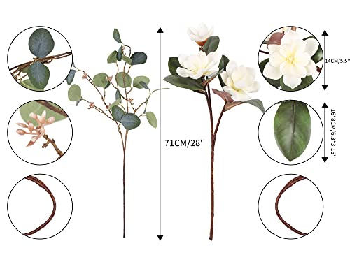 Artificial Magnolia Flowers Combo Artificial Eucalyptus Stems 28" Latex Real Touch Magnolia Flower Combo Eucalyptus Branch Artificial Flowers For Floral Craft Arangements (White) #TOP1