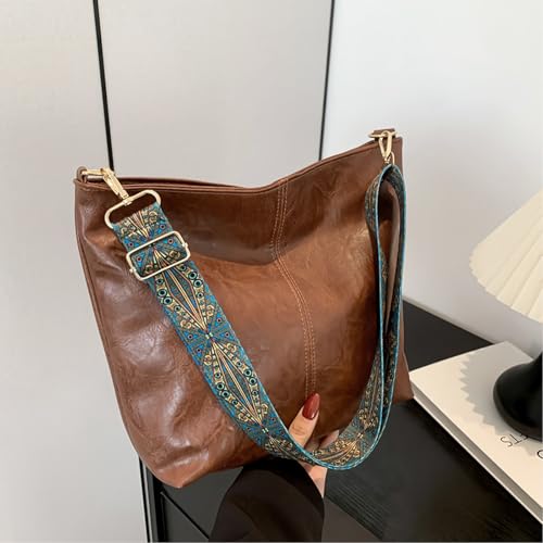 Image of Hobo Crossbody Bags for Women Vegan Leather Crossbody Bag Guitar Strap Purse Shoulder Bucket Bag Boho Tote Handbags Dark Brown