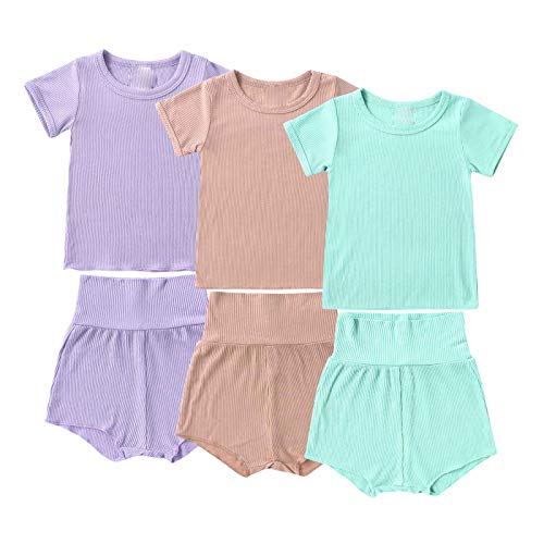 Toddler Baby Girl Ribbed Summer Clothes 3-Pack Short Sleeve Tshirt Top High Waist Bloomer Shorts Pant Lounge Set(#1-F, 3-4 Years)
