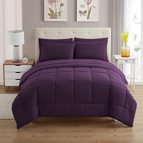 Sweet Home Collection 7 Piece Comforter Set Bag Solid Color All Season Soft Down Alternative Blanket & Luxurious Microfiber Bed Sheets, Purple, Queen
