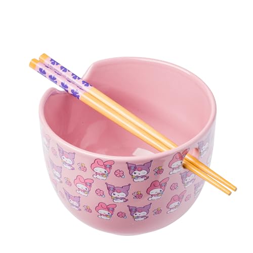 Silver Buffalo Sanrio Hello Kitty and Friends My Melody and Kuromi Pastel Flowers Ceramic Ramen Noodle Rice Bowl with Chopsticks, Microwave Safe, 20 Ounces