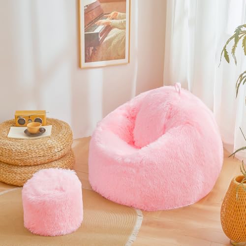 Pink fluffy bean bag chair covers (No Filler), comfy Plush Pink bean bag chair Cover for bedroom, stuffed animal Storage, kids adults teens girls bean bag chairs, Anti-Slip - Image 4