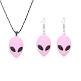 ONLYJUMP 2 Pairs Alien Earrings Necklace for Women Cute Space UFO Dangle Drop Weird Earrings Alien Head Charm Necklace Aliens Jewerly Set Halloween Gifts