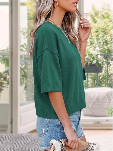 LaGracia Womens Short Sleeve Sweaters Loose Fit Oversized Cropped Sweaters Knit Crop Summer Tops Crew Neck Casual Knitted Top 2026 Aquamarine M — view 4