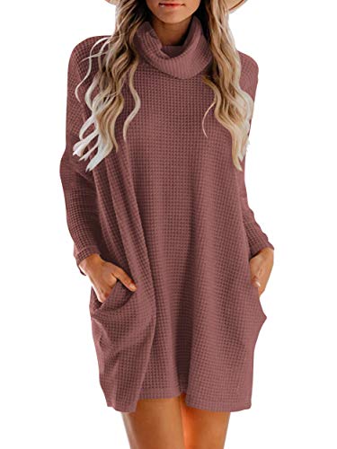 Woneta Women's Turtleneck Long Sleeve Sweater Dress Oversized Loose Knitted Sweater Dress with Pocket Pullover Tops W293-xiuhong-S Rust