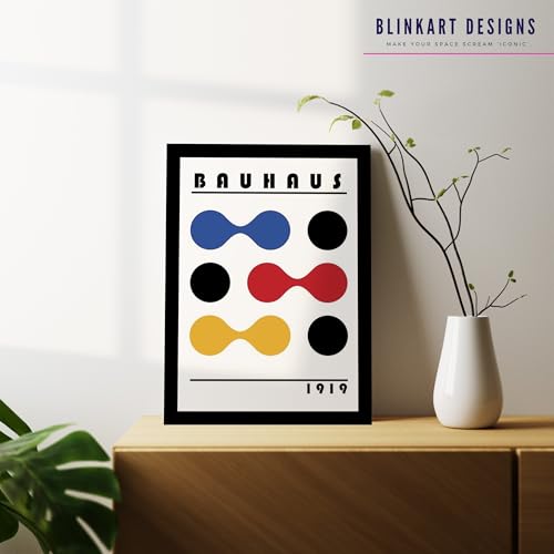 Image of BLINKART Vintage Bauhaus Retro Geometric Aesthetic Poster Gallery | Colorful Wrap Framed For Home Office Studio Living Room Modern Art Studio Decoration Abstract Shapes | (d158) | 13x10 Inch