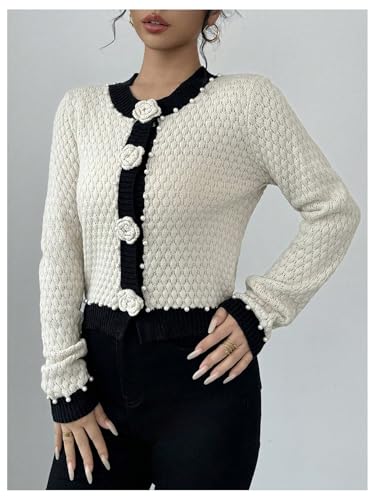 Image of GORGLITTER Women's Floral Button Up Cropped Cardigans Pearls Long Sleeve Lightweight Dressy Cute Knit Sweater Apricot Small