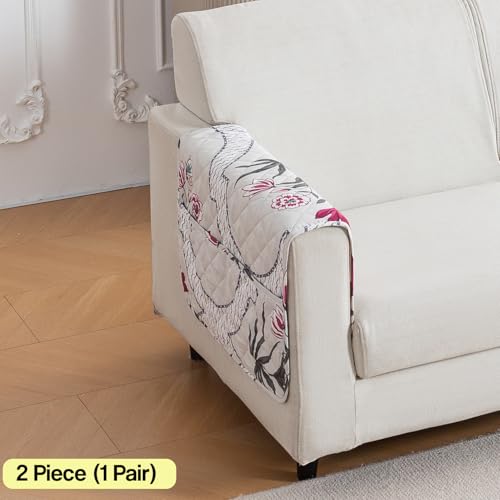 Image of House of Quirk 'Mughal Series' Printed Quilted Sofa Cover for 1 /2 /3 /4 Seater - Anti-Slip, Washable Couch Protector Slipcover (2 pcs Armrest, Mughal Buta, 80x60 cm)