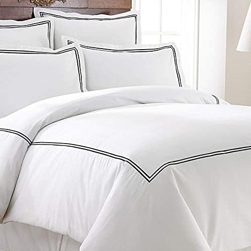 Two Lines Silky Embroidered = on White Baise Black Color 500 TC 100% Egyptian Cotton 3 Pieces Duvet Cover with Pillow Shams O/S Super King Size