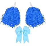 CREATCABIN 3 pompón Azul de Animadora, Lazos para el Pelo de Animadora, Pompones de Plástico, Flores de Mano de Poliéster, Lazoss, Pinzas para el Pelo de Cocodrilo para el Espíritu de Equipo Deportivo