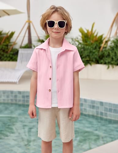 Image of Arshiner Boys Casual Short Sleeve Button Down Shirt Fashion Textured Summer Beach Shirt 3-13 Years Old