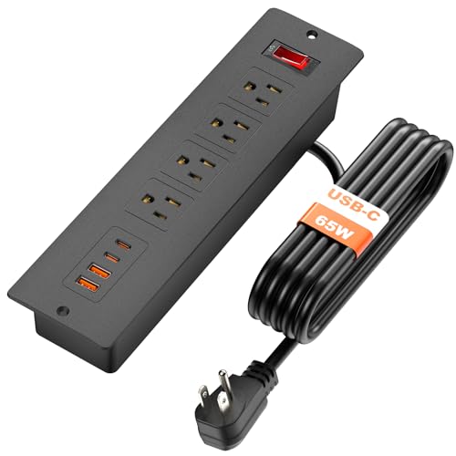 QBA Recessed Power Strip with USB-C 65W, 4 Outlets 2 USB-C & 2 USB-A Ports, Mountable Desk Outlet for Conference Furniture, 45° Angled Flat Plug 6FT Cord, Black