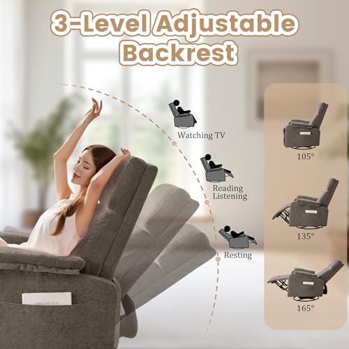 Image of Korser Swivel Rocking Recliner with Massage, Small Glider Chair for Nursery, Modern-Designed Armrests Chair for Adults Living Room, Chenille, Brown