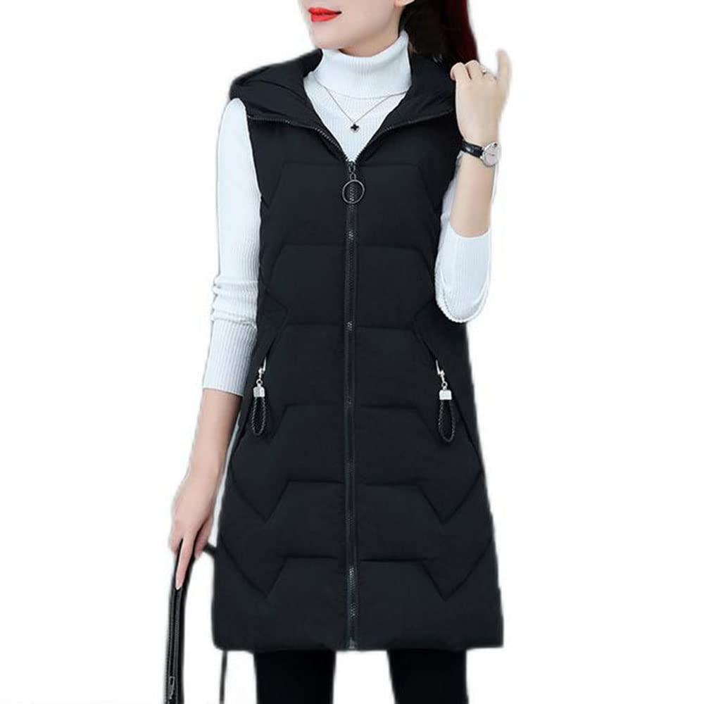 Gilet in Piumino Donna Gilet Trapuntato Autunno Invernali Smanicato Piumino Canottiera Mode Leggermente Imbottito Giacca con Cappuccio Gilet con Tasche Casual con Cerniera Outerwear,Nero,XL