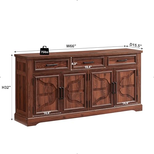 Image of JXQTLINGMU 66 inch Farmhouse Buffet Cabinet with Storage, Sideboard Credenza, Carved Cloud-Inspired Doors, 3 Drawers & Adjustable Shelves, Coffee Bar Cabinet, Dark Brown