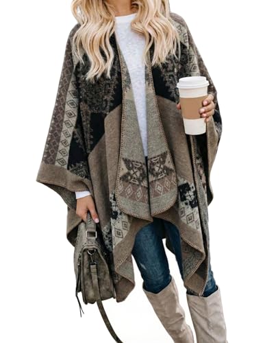 Image of Bestshe Women's Boho Open Front Poncho Plaid Shawl Wrap Cape | Tassel Cardigan Sweater, Cozy Layering, Fall Winter Clothes for Women