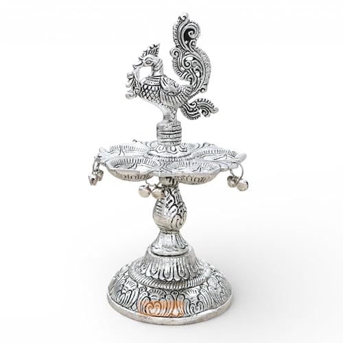 Image of Kridaykraft Metal Peacock Diya Samai Oil Lamp, Silver Finish, Traditional Indian Decor, 19 cm Height, 270 gm, Handcrafted Design