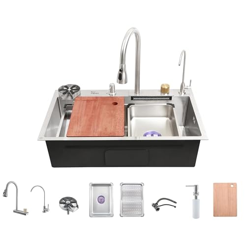 Image of Fossa 30x18x9 Inches Single Bowl Waterfall Kitchen Sink, Nano 304 Grade Stainless Steel, Rectangular Workstation,Faucet with all Accessories,Brushed Silver Matte Finish