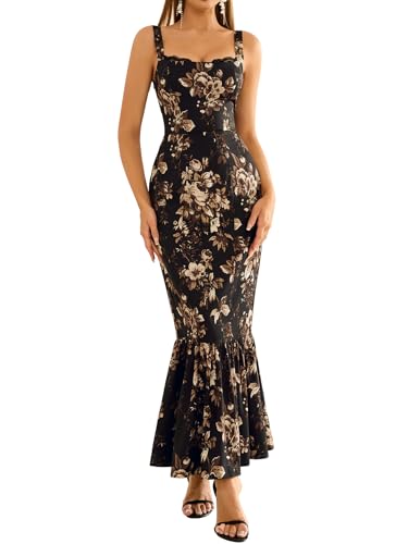 HTZMO Women Casual Summer Floral Maxi Dress Square Neck Boho Wedding Guest Elegant Long Sundress